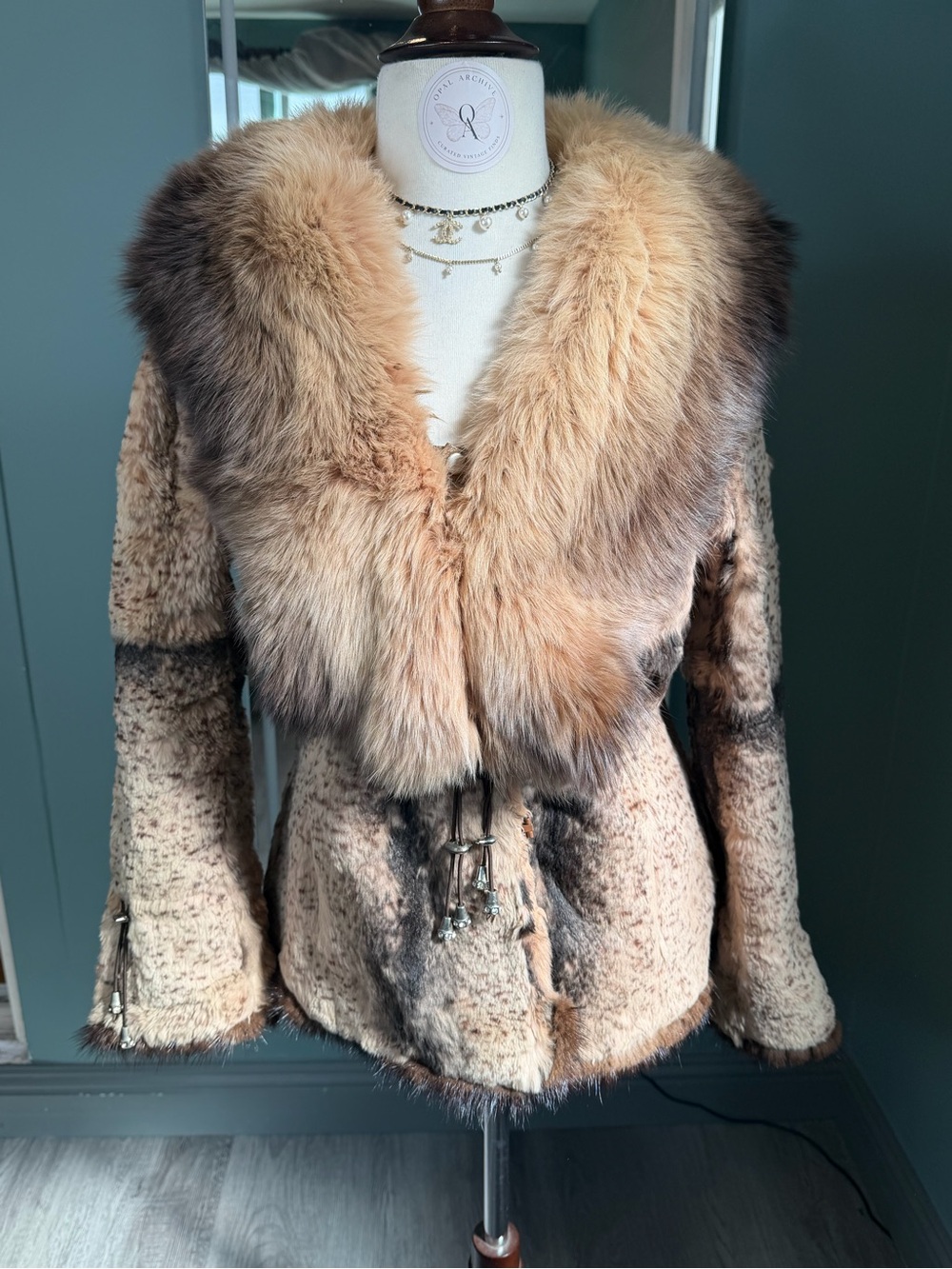 Vintage Leopard Rabbit Fur Jacket Oversized Fox Fur Collar Mink Trim Fitted XS/S